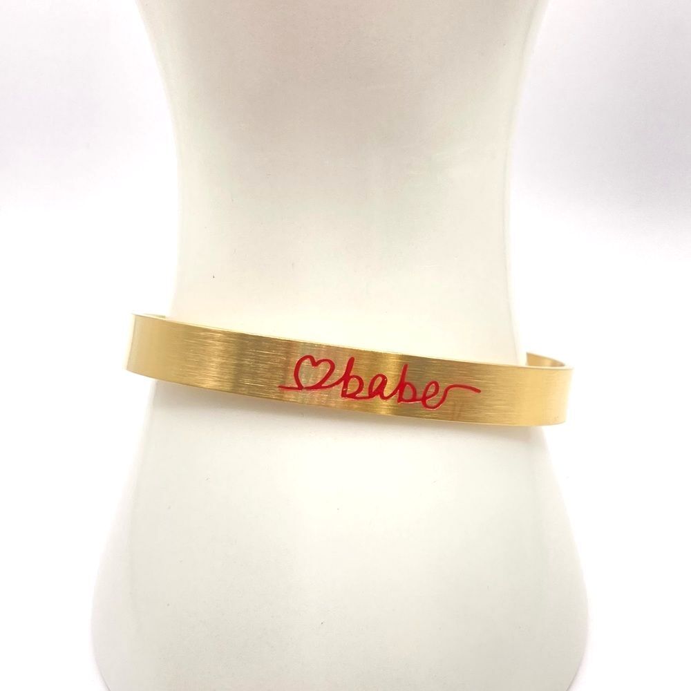 Gold Cuff Bracelet Red Engraved "Babe" Message Cuff Bracelet